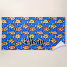 Voeg naamtekst toe, Abstracte gouden vis in blauw  Strandlaken