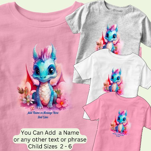 Voeg naamtekst toe, blauw roze Baby Dragon Kinder Shirts