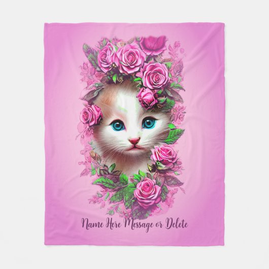 Voeg naamtekst toe, Cute Shabby Chic Kitten, Roze Fleece Deken (Voorkant)