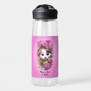 Voeg naamtekst toe, Cute Shabby Chic Kitten, Roze Waterfles