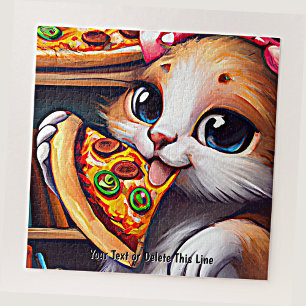 Voeg naamtekst toe, grappige kat die Pizza eet Legpuzzel