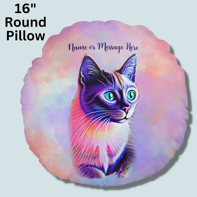 Voeg naamtekst toe, Pastels Painted Siamese Cat Rond Kussen (Creator heeft geüpload)