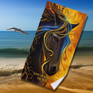 Voeg naamtekst toe, zwart Fantasy-paard met Gold B Strandlaken