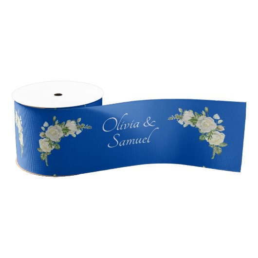 Voeg namen toe, 3" brede kobalt blauwe witte rozen grosgrain lint (Spoel)