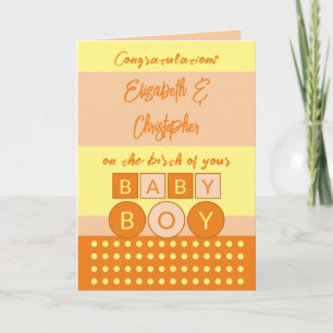 Voeg namen toe oranje geel nieuwe babyjongen kaart