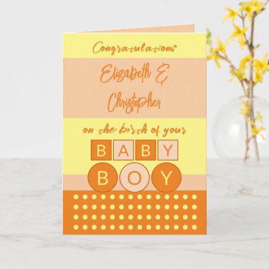 Voeg namen toe van oranje gele nieuwe babyjongen kaart (Gele Bloem)