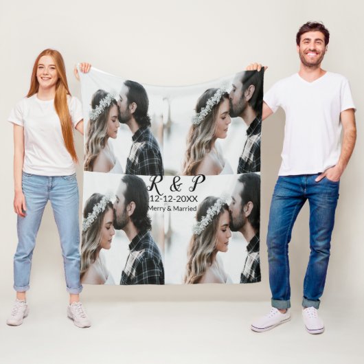 Voeg paar foto vrolijk getrouwd toe voeg datum toe fleece deken (In situ)