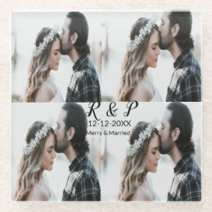 Voeg paar foto vrolijk getrouwd toe voeg datum toe glazen onderzetter