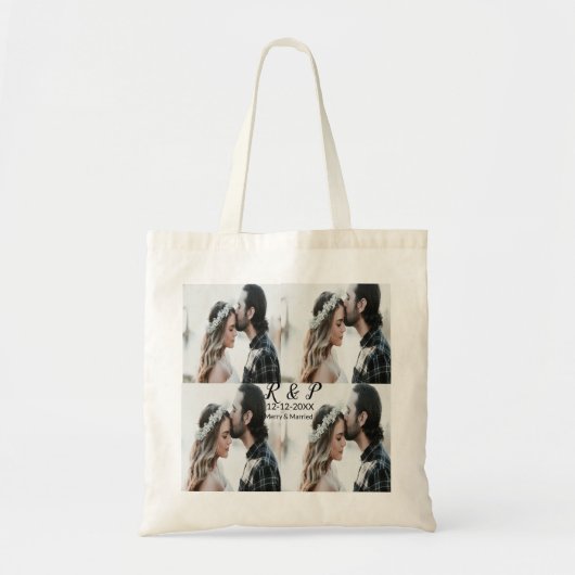 Voeg paar foto vrolijk getrouwd toe voeg datum toe tote bag (Voorkant)