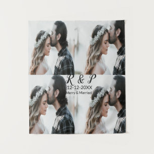 Voeg paar foto vrolijk getrouwd toe voeg datum toe wandkleed