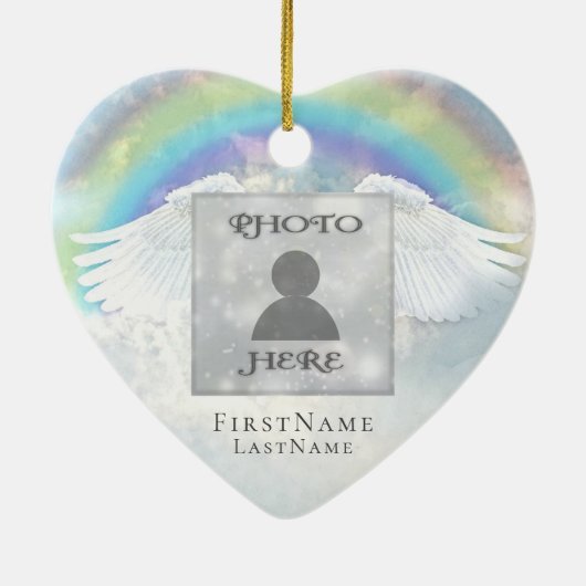 Voeg Photo Angel Wings en Heart Memorial toe Keramisch Ornament (Achterkant)