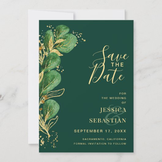 Voeg Photo QR Code Emerald Green Eucalyptus Elegan Save The Date (Voorkant)
