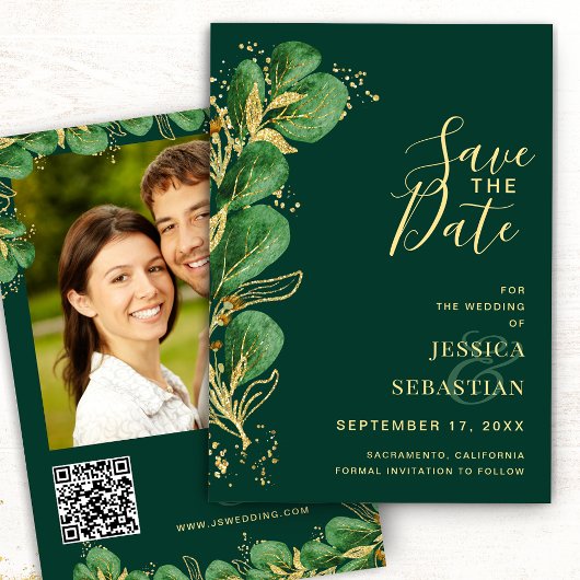 Voeg Photo QR Code Emerald Green Eucalyptus Elegan Save The Date