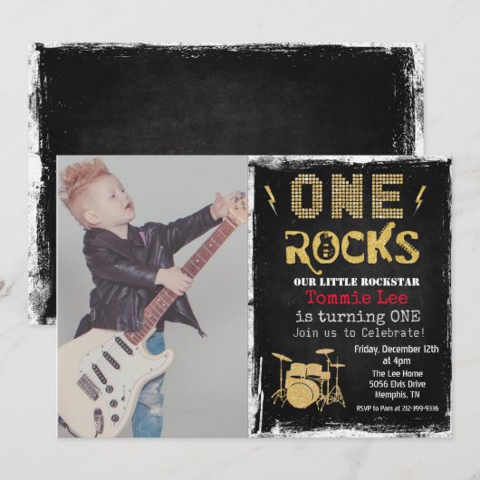 VOEG PHOTO Rockstar Drumset 1e verjaardag Uitnodig Kaart (Voorkant / Achterkant)