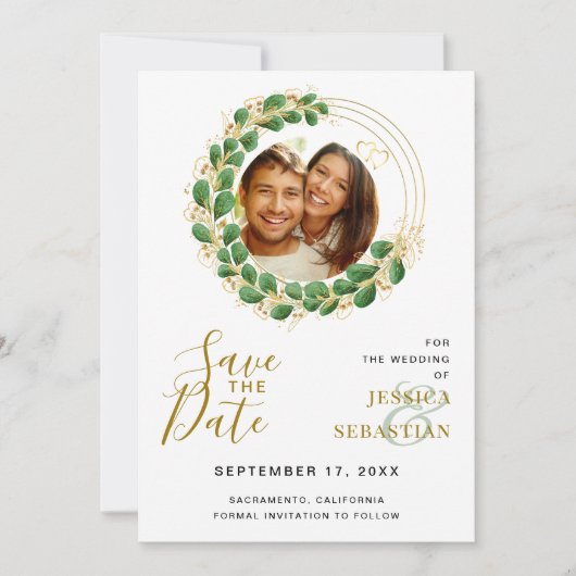 Voeg QR-code Foto White Emerald & Gold Elegant toe Save The Date (Voorkant)