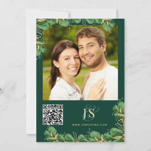 Voeg QR-code Foto White Emerald & Gold Elegant toe Save The Date (Achterkant)
