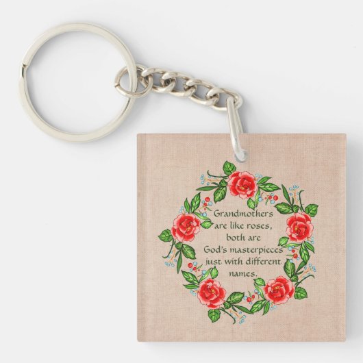 Voeg tekst toe, oma's zoals Rozen, Floral Grandma Sleutelhanger (Voorkant)