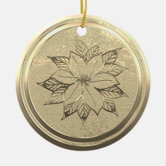 Voeg Text Gold Poinsettia December keramische sier Keramisch Ornament (Voorkant)