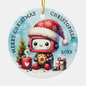 Voeg toe Jouw naam Merry Christmas Schattige Robot Keramisch Ornament (Voorkant)