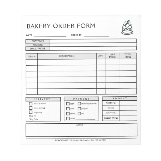 Voeg toe Logo Bakery Business Order Form Notitiebl Notitieblok (Voorkant)