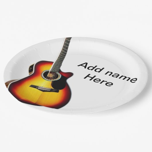 Voeg u tekst toe met een bruine akoestische gitaar papieren bordje (Gekanteld)