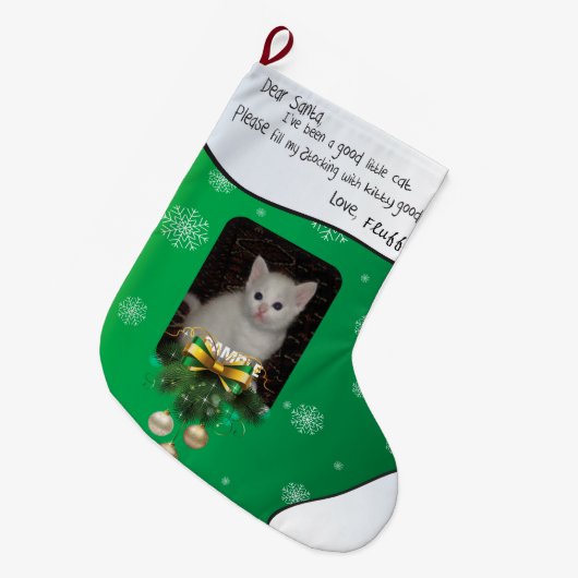 VOEG UW CAT FOTO Green Cute Holiday Stocking TOE Grote Kerstsok (Voorkant (Hangend))