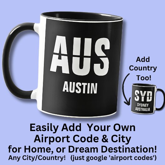 Voeg uw code & stad, luchthavencode AUS AUSTIN TX Mok