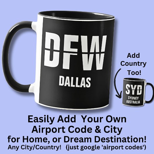 Voeg uw code & stad, luchthavencode DFW Dallas Mok