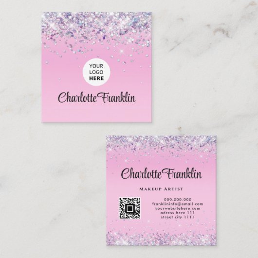 Voeg uw eigen afbeelding logo elegante glitter Qr Vierkante Visitekaartje (Voorkant / Achterkant)