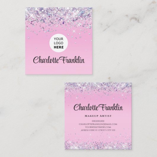 Voeg uw eigen afbeelding logo elegante glitter toe vierkante visitekaartje (Voorkant / Achterkant)