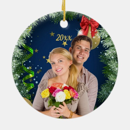 Voeg uw eigen foto-kerstversiering toe keramisch ornament (Achterkant)