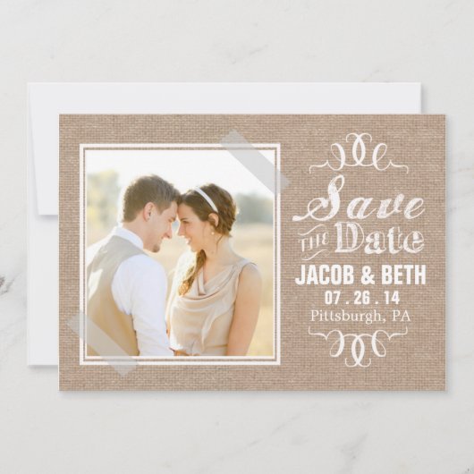 Voeg uw eigen foto toe Rustic Burlap sparen de Dat Save The Date (Voorkant)