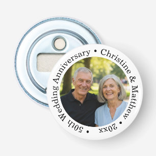 Voeg uw eigen koppel foto 50ste huwelijksjubileum button flesopener