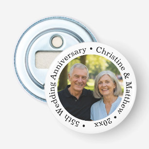 Voeg uw eigen koppel foto 55ste huwelijksjubileum button flesopener