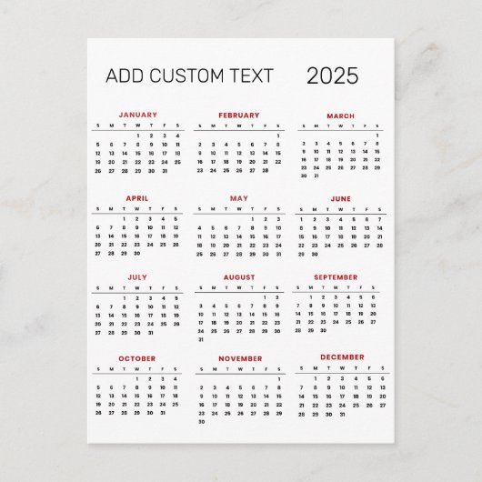 voeg uw eigen tekst toe 2025 Kalender   Briefkaart (Voorkant)