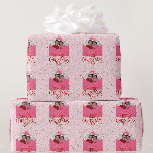 Voeg uw foto met kerstrood en roze toe cadeaupapier