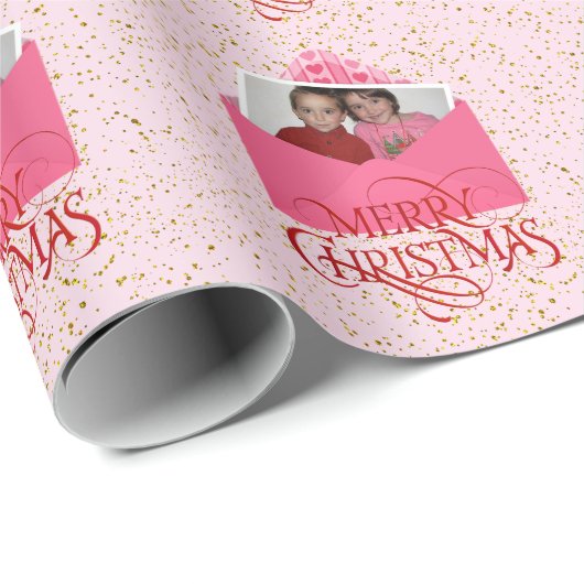 Voeg uw foto met kerstrood en roze toe cadeaupapier (Rol Hoek)