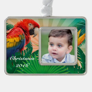 Voeg uw foto met speciale kerstparrot toe verzilverd omlijst ornament