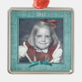 Voeg uw foto toe - Aqua Chenille Square Sjabloon Metalen Ornament