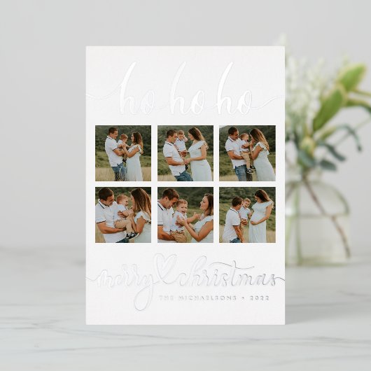 VOEG UW FOTO TOE | Ho Ho Merry Kerstmis Folie Feestdagenkaart (Staand Voorkant)