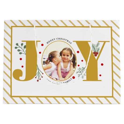 Voeg uw foto's gouden JOY en strepen toe Groot Cadeauzakje (Voorkant)