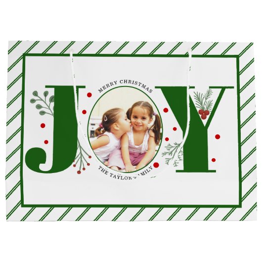 Voeg uw foto's groene JOY en strepen toe Groot Cadeauzakje (Achterkant)