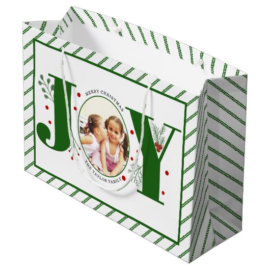 Voeg uw foto's groene JOY en strepen toe Groot Cadeauzakje (Achterkant Gekanteld)