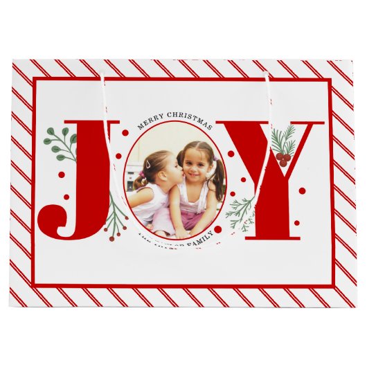 Voeg uw foto's rode JOY en strepen toe Groot Cadeauzakje (Voorkant)