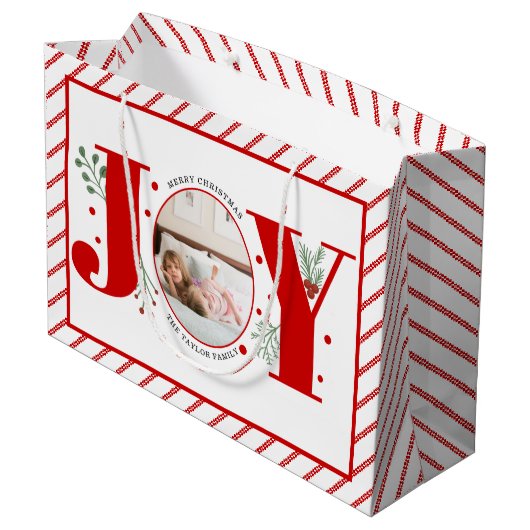 Voeg uw foto's rode JOY en strepen toe Groot Cadeauzakje (Achterkant Gekanteld)