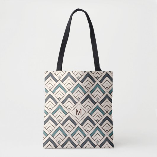 Voeg uw Initiaal toe | Blauwgroen geometrisch patr Tote Bag (Voorkant)