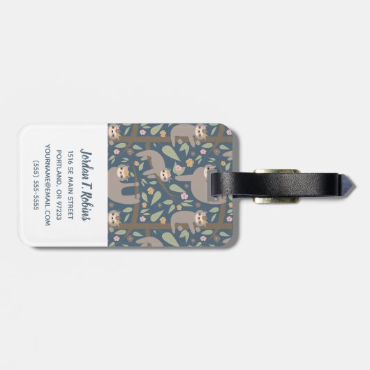 Voeg uw Initiaal toe | Cute Floral Sloth Pattern Bagagelabel (Achterkant horizontaal)
