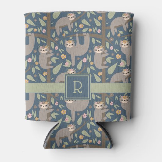 Voeg uw Initiaal toe | Cute Floral Sloth Pattern Blikjeskoeler (Voorkant)