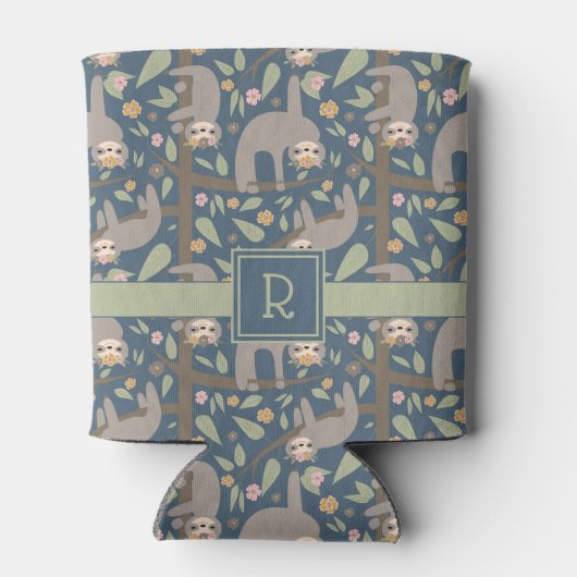 Voeg uw Initiaal toe | Cute Floral Sloth Pattern Blikjeskoeler (Achterkant)