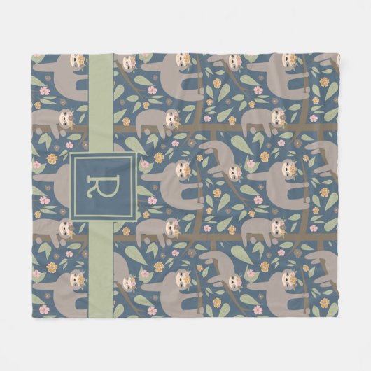 Voeg uw Initiaal toe | Cute Floral Sloth Pattern Fleece Deken (Voorkant (Horizontaal))